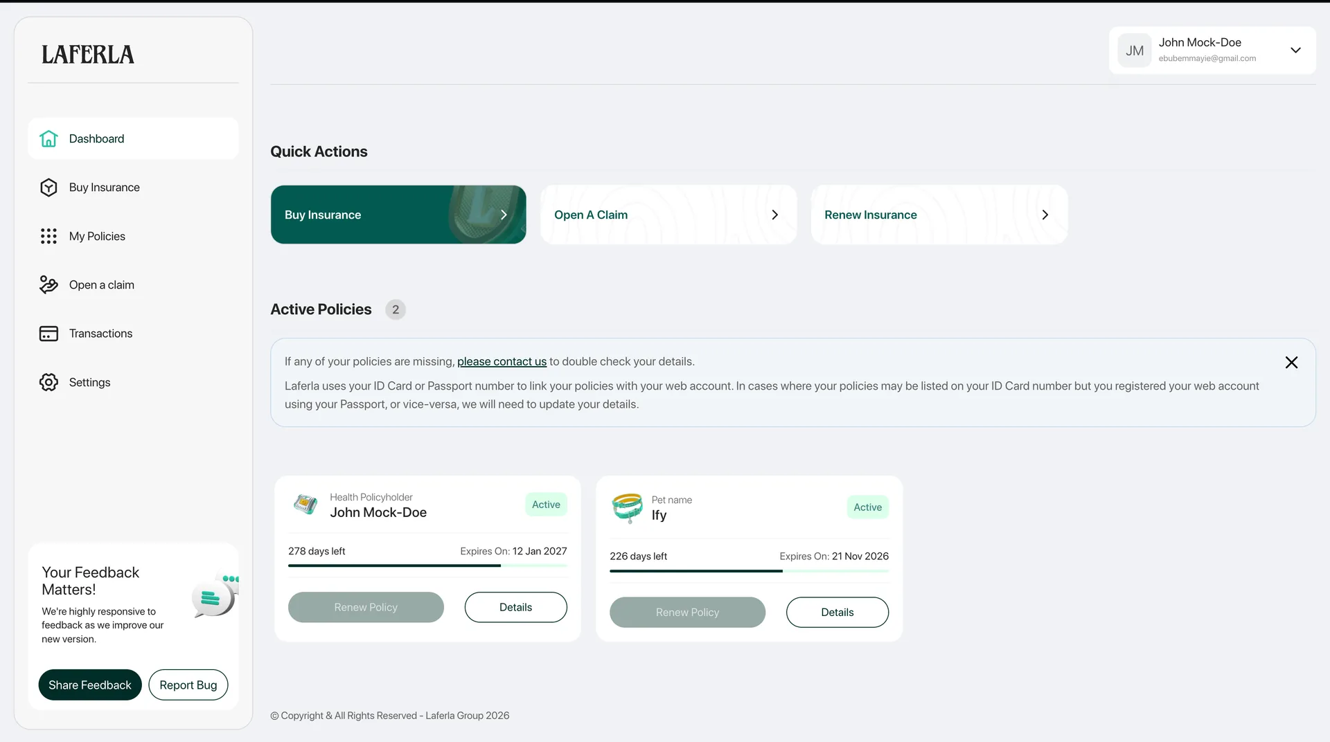 Laferla Insurance Web App interface