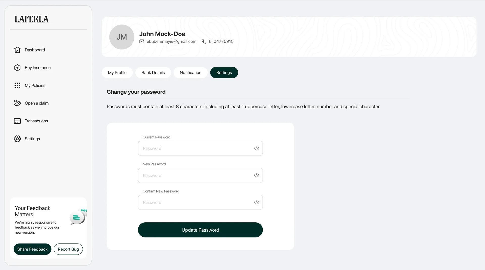 Laferla Insurance Web App interface view 2